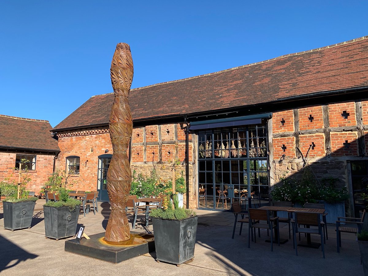 outofnatureshow's tweet photo. Glorious sunshine to view @halimacassell totemic sculpture in the courtyard @PensonsUK Timed tickets available on website so make the most of seeing local artists with world class reputations in aid of mental health charity @TheCartShed #artexhibition #sculpture #booknow #art https://t.co/fZxw7X6Wvc