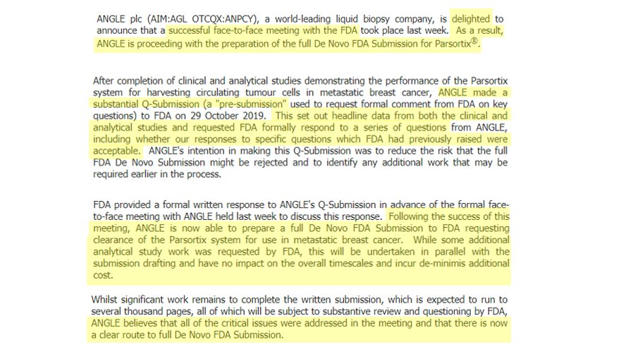  #AGL As seen in the early FDA preliminary meeting RNS Angle are excited by the response generated by the FDA who, IMO, also believe Angles Parasortix System will play a key role in the optimisation of cancer treatment + supervision that should ultimately save patients’ lives
