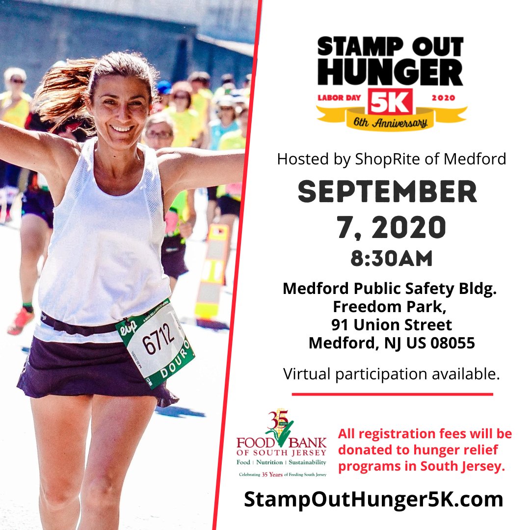 foodbankSJ's tweet photo. REGISTRATION IS STILL OPEN: Run to fight hunger in South Jersey on September 7th by registering for Stamp Out Hunger 5K at https://t.co/lSIMtjpca7. All registration fees will go toward hunger relief programs in South Jersey. #StampOutHunger5k #RuntoFightHunger #BetterTogether https://t.co/QGT4fn4raA