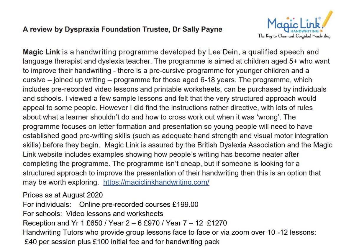 LeeDein's tweet image. Very pleased to see #MagicLink #handwriting review in the #Dyspraxia Foundation Member&apos;s monthly update @Sallydyspraxia #OccupationalTherapy #primary #secondary #cursive