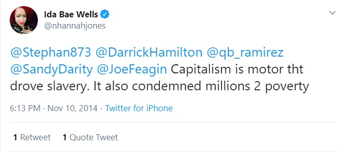 21/And Nikole Hannah Jones said that Capitalism was the motor of slavery and then was a part of Emancipation Conversations, sponsored by Shell oil.In her head, this was not hypocrisy because it was her getting sponsored and wokeness was being spread