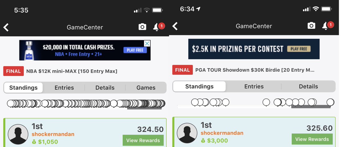 shockermandan's tweet photo. Two top-1 finishes in large field GPPs this week. I'll officially never lose again.
@RotoGrinders #lineuphq https://t.co/HvH6JahKoG