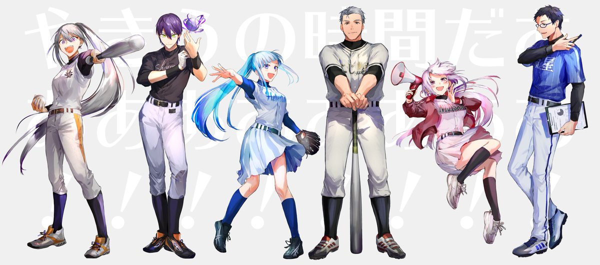 higuchi kaede multiple girls multiple boys baseball uniform skirt long hair blue hair white pants  illustration images