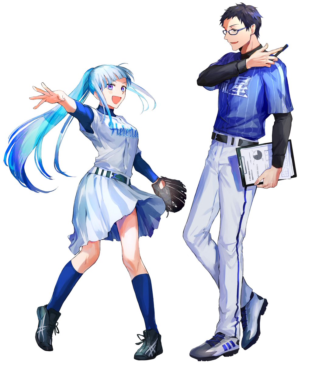 higuchi kaede multiple girls multiple boys baseball uniform skirt long hair blue hair white pants  illustration images