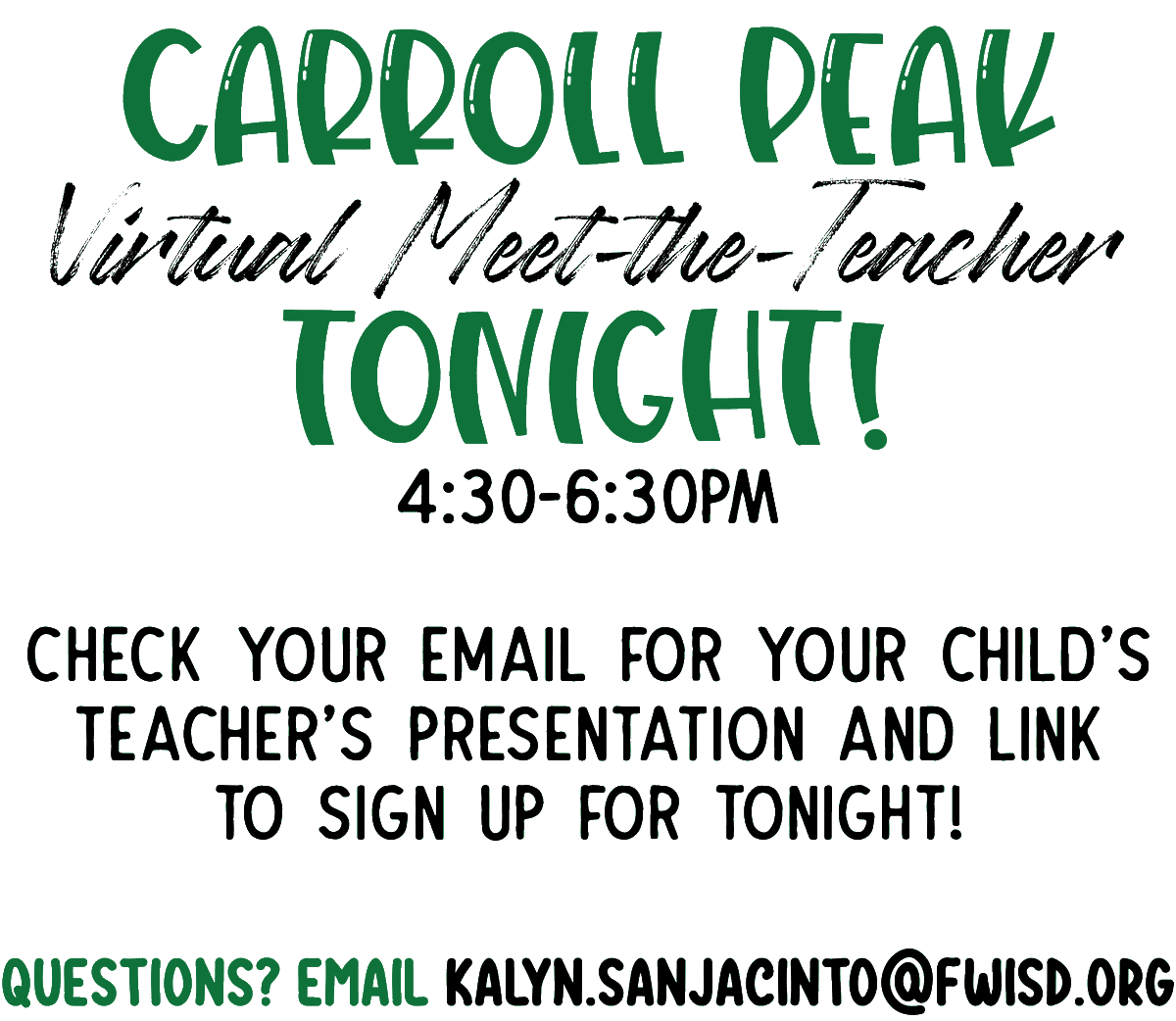 CarrollPeakES's tweet photo. Virtual Meet-the-Teacher tonight!  Check your email for information specific to YOUR child. Can't wait to see you! https://t.co/YNHARRPGLT