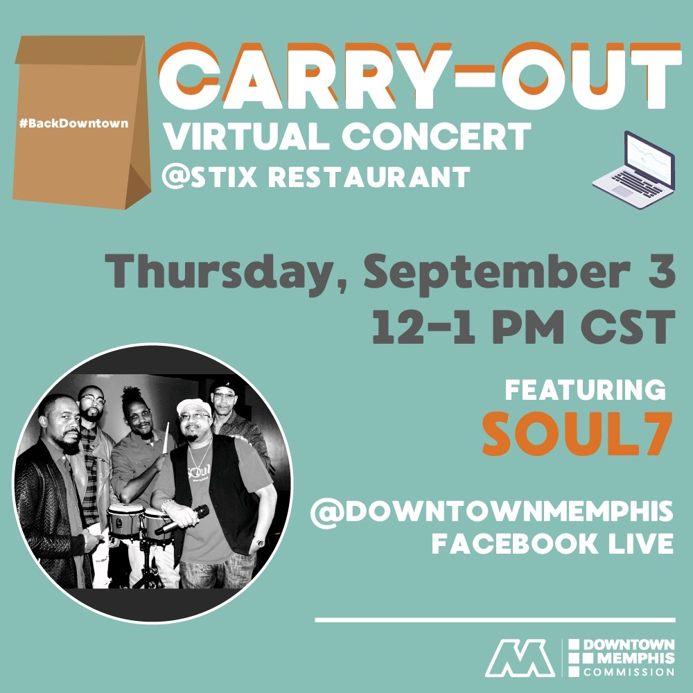 DowntownMemphis's tweet photo. Join us TODAY at noon for our Virtual #CarryOutConcert on Facebook Live with #Soul7
This weeks venue is @stix901 😎 😋
Check out the band here:
https://t.co/rMrPJfZ1Gh
The livestream will roll from 12p-1p on the #DowntownMemphis FB page! Grab your lunch and get ready!! https://t.co/JUW6etz6GM