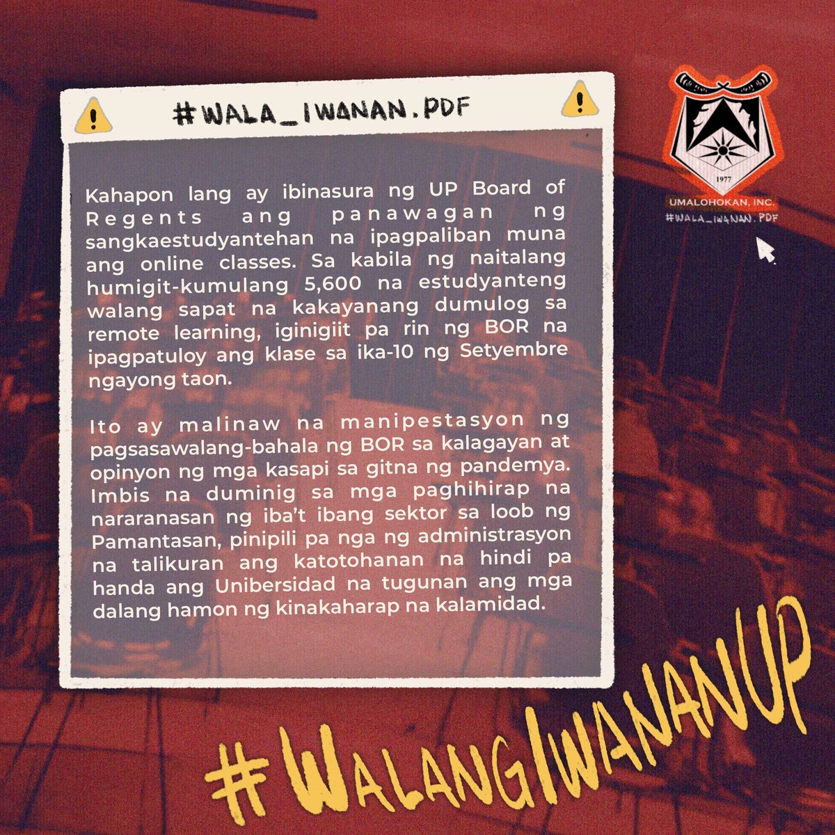Umalohokan_Inc's tweet image. 𝗢𝗣𝗜𝗦𝗬𝗔𝗟 𝗡𝗔 𝗣𝗔𝗛𝗔𝗬𝗔𝗚 𝗡𝗚 𝗨𝗠𝗔𝗟𝗢𝗛𝗢𝗞𝗔𝗡 𝗜𝗡𝗖. 𝗛𝗜𝗡𝗚𝗚𝗜𝗟 𝗦𝗔 𝗣𝗔𝗚𝗣𝗔𝗣𝗔𝗧𝗨𝗟𝗢𝗬 𝗡𝗚 𝗢𝗡𝗟𝗜𝗡𝗘 𝗖𝗟𝗔𝗦𝗦𝗘𝗦 𝗦𝗔 𝗣𝗔𝗡𝗔𝗛𝗢𝗡 𝗡𝗚 𝗣𝗔𝗡𝗗𝗘𝗠𝗬𝗔

Basahin ang buong pahayag:
bit.ly/31UGcW8

#WalangIwananUP 
#PostponeClassesUP
