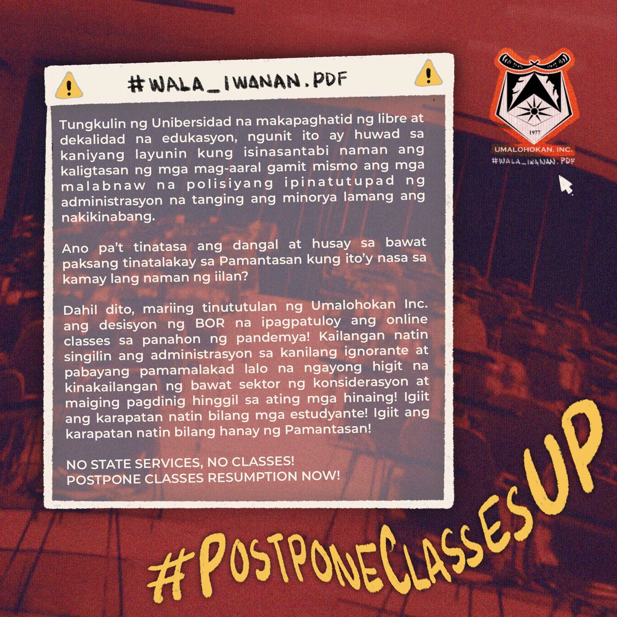 Umalohokan_Inc's tweet image. 𝗢𝗣𝗜𝗦𝗬𝗔𝗟 𝗡𝗔 𝗣𝗔𝗛𝗔𝗬𝗔𝗚 𝗡𝗚 𝗨𝗠𝗔𝗟𝗢𝗛𝗢𝗞𝗔𝗡 𝗜𝗡𝗖. 𝗛𝗜𝗡𝗚𝗚𝗜𝗟 𝗦𝗔 𝗣𝗔𝗚𝗣𝗔𝗣𝗔𝗧𝗨𝗟𝗢𝗬 𝗡𝗚 𝗢𝗡𝗟𝗜𝗡𝗘 𝗖𝗟𝗔𝗦𝗦𝗘𝗦 𝗦𝗔 𝗣𝗔𝗡𝗔𝗛𝗢𝗡 𝗡𝗚 𝗣𝗔𝗡𝗗𝗘𝗠𝗬𝗔

Basahin ang buong pahayag:
bit.ly/31UGcW8

#WalangIwananUP 
#PostponeClassesUP