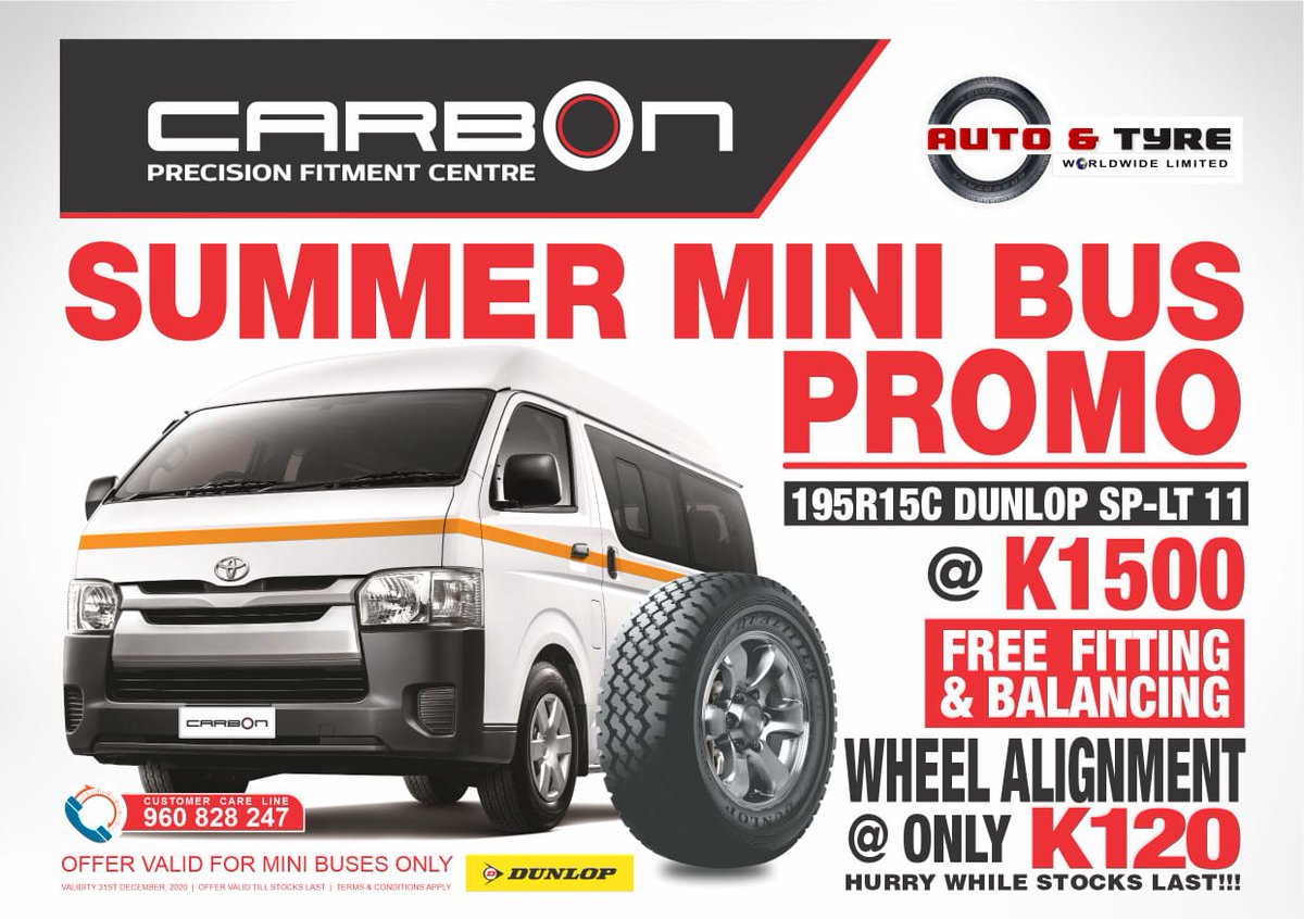 CarbonZambia's tweet photo. 📢ATTENTION all mini bus drivers/owners!  Visit our stores today for this exclusive offer on Dunlop tyres. 
#CarbonRetail #SummerPromo #DunlopZambia https://t.co/ysmUY2YY9Q