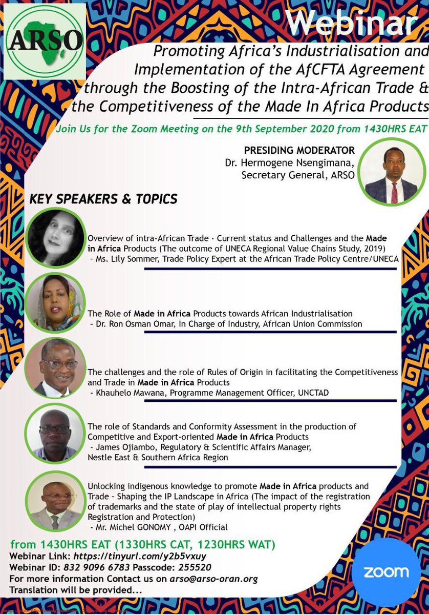 Join the discussion 9th September:Promoting Africa’s industrialization and implementation of #AfCFTA agreement through Boosting of Intra-African Trade &amp;the competitiveness of Made in Africa Products ⁦<a href="/ECA_OFFICIAL/">ECA</a>⁩  ⁦@TradeMarkEastA⁩ ⁦⁦⁦@AUTradeIndustry⁩