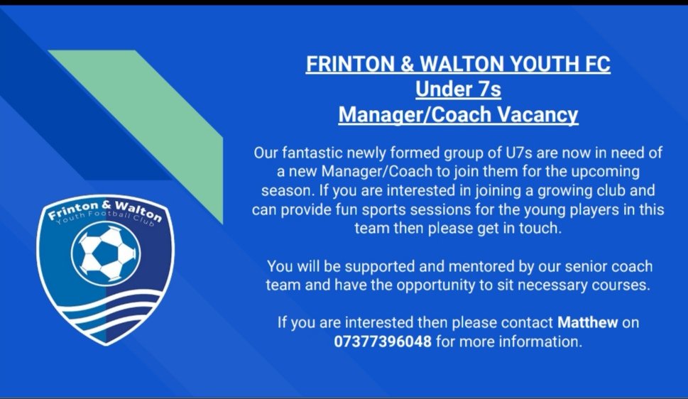 Manager/Coaching Vacancy - Under 7s. If you have a child at this age who is looking for a team or if you are a coach looking to work in the Foundation Phase then please get in contact on the details below 👍⚽⚽