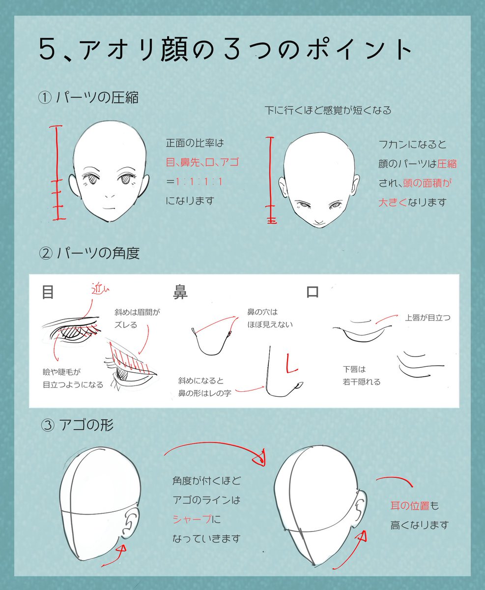 ～フカン顔の描き方のコツ～

フカンの角度の顔を描くときの3つのポイント

①顔のパーツの圧縮
②各パーツの角度
③輪郭のライン

フカンを描く上で重要なのはアオリと同様にパーツの圧縮です。顔の面積を小さくし、頭の面積を大きくすることを意識すると簡単にフカンの角度を表現できます