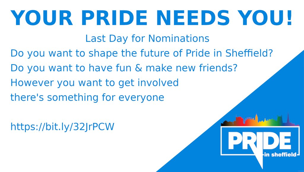 Today is your last day to nominate yourself for the Pride in Sheffield 2021 committee. 

buff.ly/33Ewus4

#pride #getinvovlved #lgbtq #sheffieldissuper