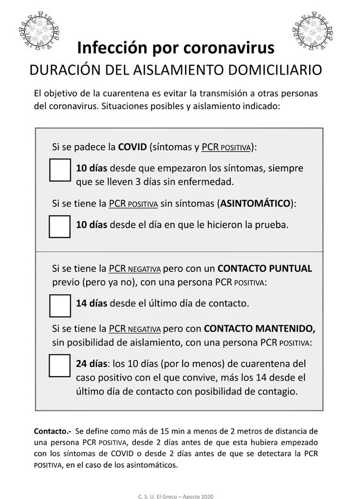 Casi todas las dudas sobre aislamientos y cuarentenas por coronavirus se responden con esta infografía del Centro de Salud El Greco: