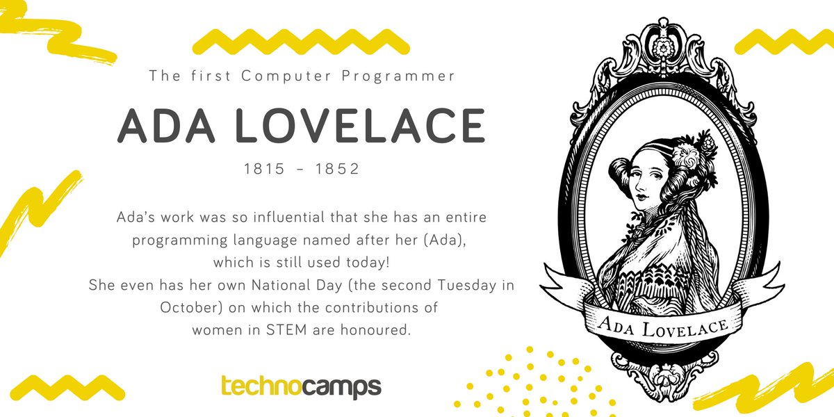 Technocamps's tweet image. ⭐️ Ada Lovelace ⭐️
The first Computer Programmer
Ada’s work was so influential that she has an entire programming language named after her (Ada), which is still used today!
#AdaLovelace #womenintech #womenwhocode #GirlsWhoCode