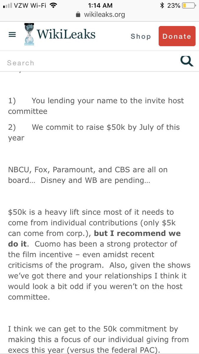 And here is a wikileaks e-mail from a Sony Vice President urging others to donate to Cuomo specifically because “he is a strong protector of the (tax incentive ) program... despite recent criticisms”