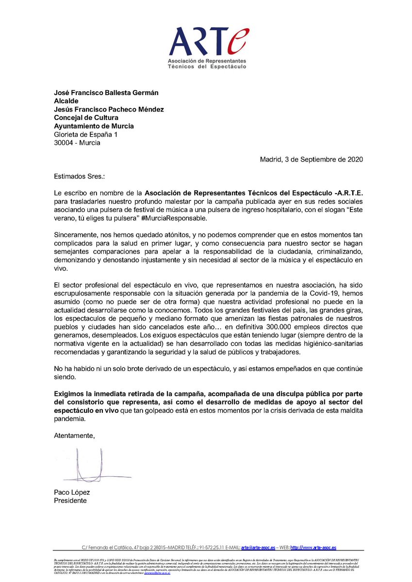 A.R.T.E. PIDE AL AYUNTAMIENTO DE MURCIA LA RETIRADA DE LA CAMPAÑA EN LA QUE SE ASOCIA LAS PULSERAS DE LOS FESTIVALES CON LA DE INGRESO HOSPITALARIO arte-asoc.es/a-r-t-e-pide-a…