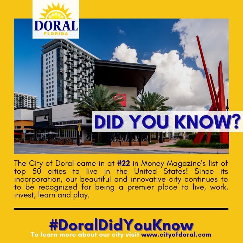 CMariaca74's tweet photo. QUALITY OF LIFE FOR DORAL. 
Doral, did you know that our City's economic growth and quality of life landed us as #22 on Money Magazine’s list of 50 best places to live in America? We are proud to continue being the premier place to live, work, invest, learn and play! #DoralProud https://t.co/ko78RiAQdj