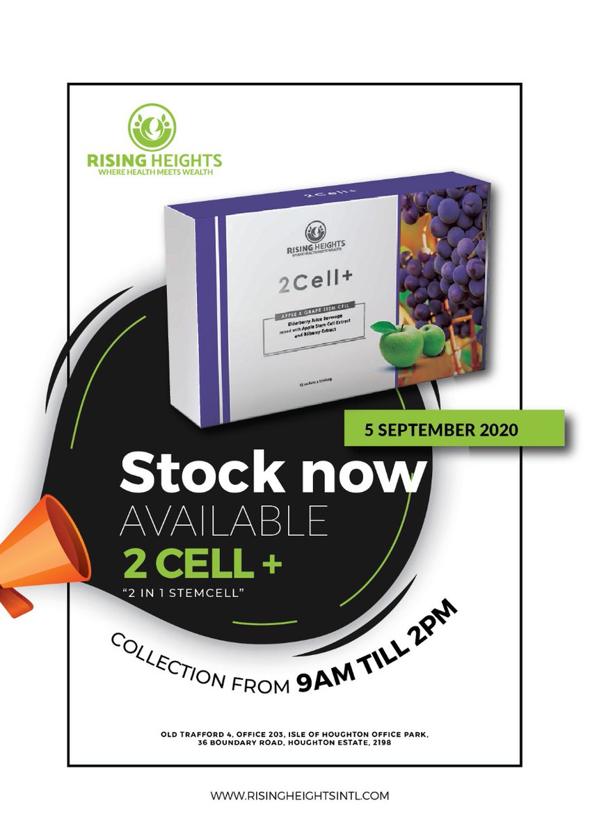 RisingInt's tweet image. Our 2 Cell+ "2 Stem Cell" is available and ready for collection.
To our Team leaders collection is on the 5th of September from 9am till 2pm.
Thereafter collection will be Monday till Friday from 9am to 5pm.
For more information  risingheightsintl.com