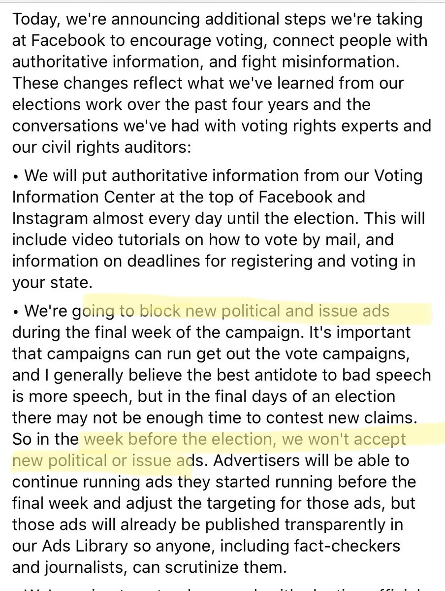 Facebook will block new political & issue ads a week before the election — but won’t limit or ban microtargeting before or after. (Self-regulation lets them make these choices.)