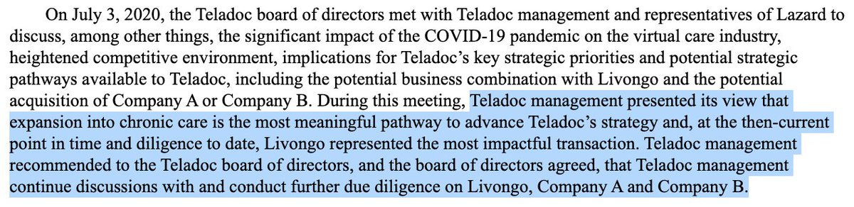 On July 3 -- Teladoc's board decided Livongo was its best bet for moving into chronic care. Makes me wonder if Company A and Company B were also chronic care companies like Omada? Or were they other telemedicine companies like AmWell? Or one of each?