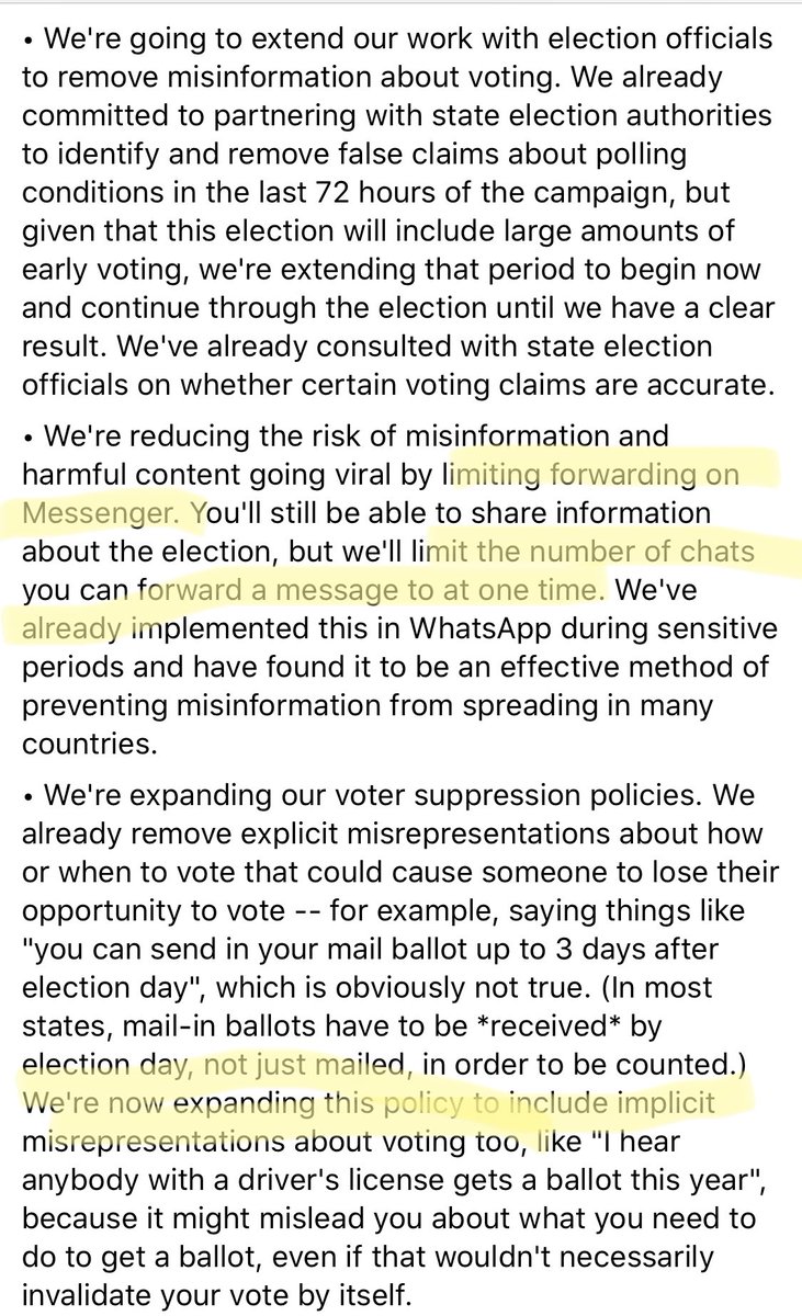 Facebook will limit forwarding on  @messenger to 1 recipient & expand voter suppression politicies to “implicit misrepresentations” about voting.TBD if they apply that to POTUS or his campaign, who disinforms the public regularly.