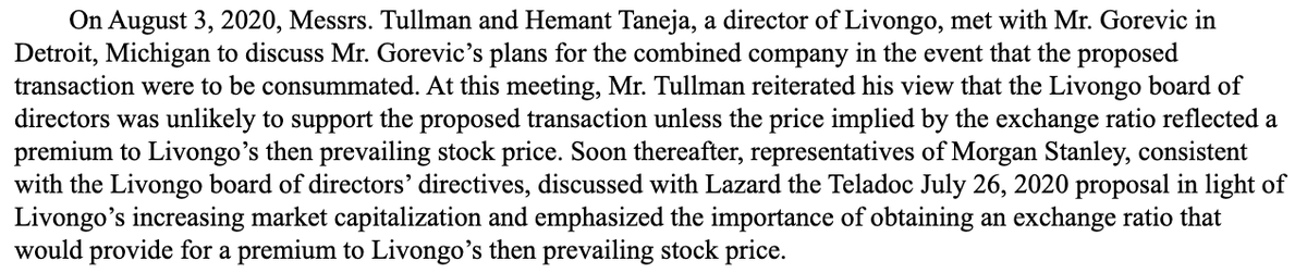 One of the more important steps along the way was captured by  @chrissyfarr in her  @cnbc piece about how the deal came together -- the meeting between Tullman, Taneja and Gorevic in-person in Detroit. https://www.cnbc.com/2020/08/05/livongo-teladoc-deal-reached-over-months-during-coronavirus-pandemic.htmlToday's filing reveals a bit about what was said: