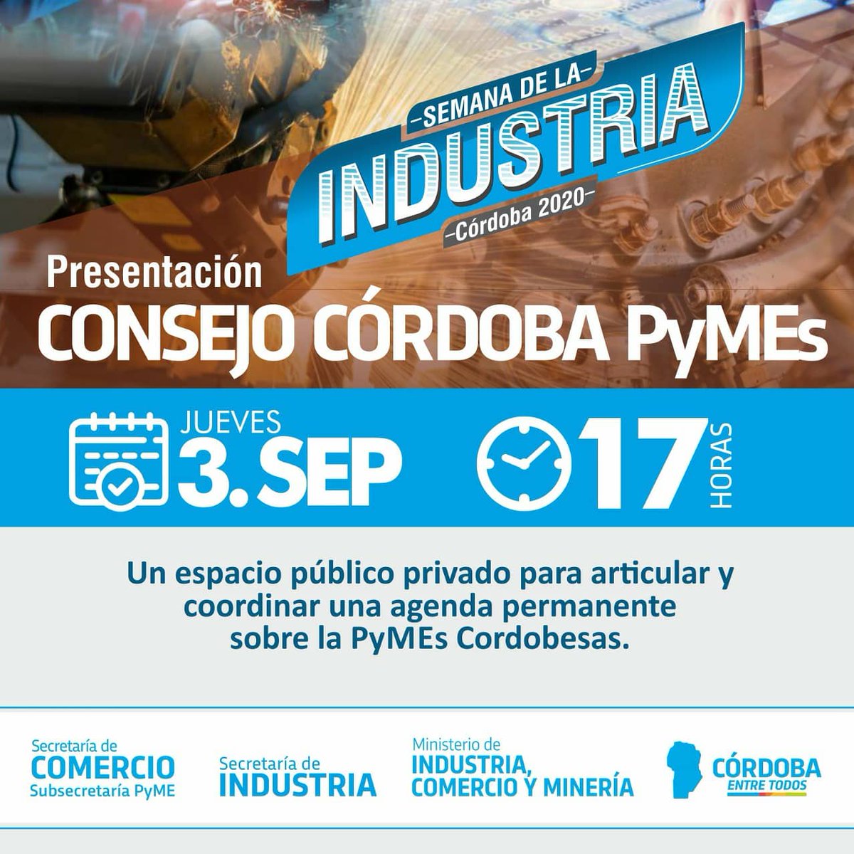 accastelloedu's tweet photo. Continuando con las actividades de la Semana de la Industria, hoy a las 17 hs los invitamos a participar especialmente del lanzamiento del Consejo PyME Córdoba.
 Se puede participar de las instancias de este lanzamiento desde nuestro canal de Yotube,
 👉🏼 https://t.co/d92CjEDj9y https://t.co/FO7O7IbOpx