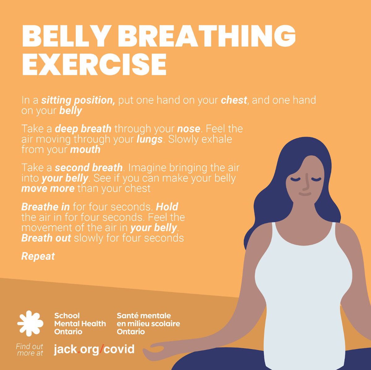 When we feel anxious, we sometimes don’t breathe as deeply as we should. These short breaths can be bad for our bodies and our brains and make us feel more anxious.

Practicing deep breathing can help to still your mind, calm your body, and control your feelings of anxiety.