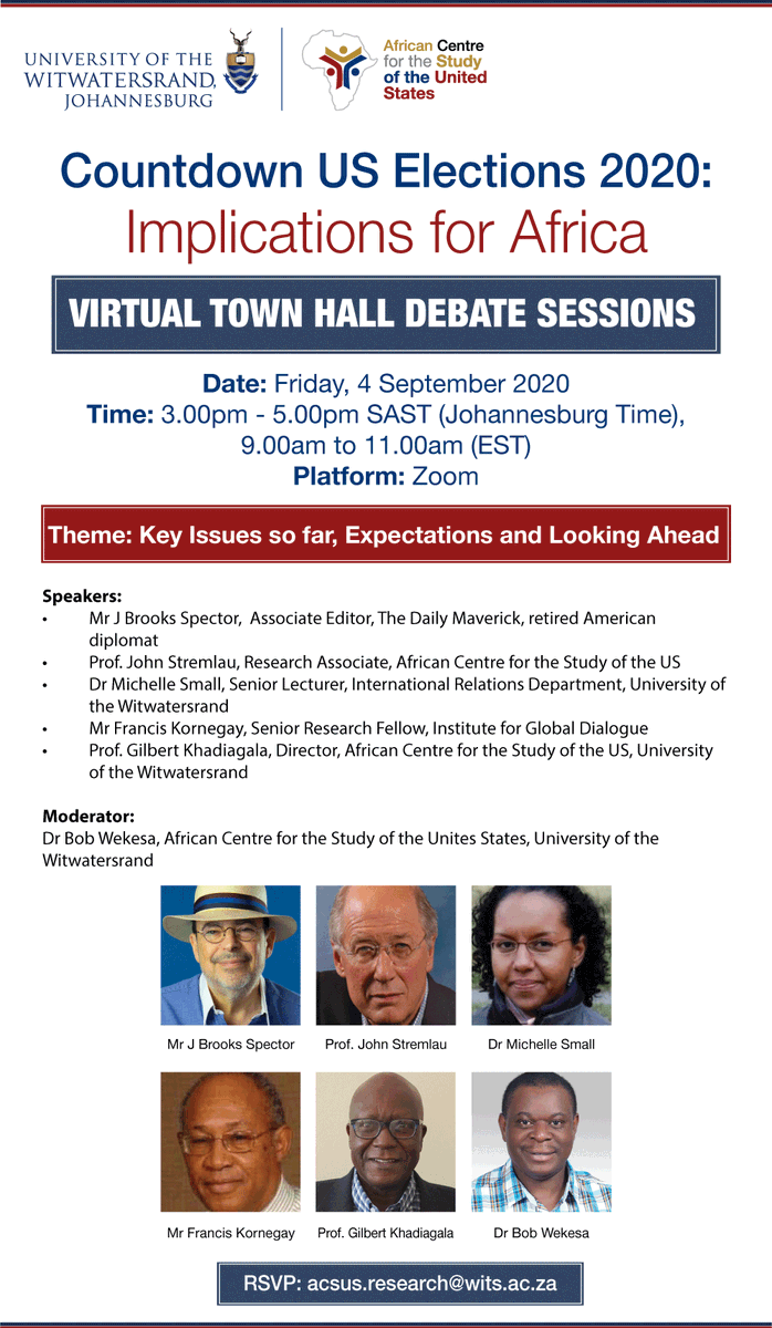 ACSUS15's tweet photo. Join us tomorrow as we host the Virtual Town hall Debate session 🇺🇸⏳📹
Countdown US Elections 2020 - Implications for Africa
Email acsus.research@wits.ac.za
Theme: Key issues so far,expectations and what lies ahead
#acsususelections2020 #virtualdebates #USElections2020 https://t.co/6OYs8PzdwK