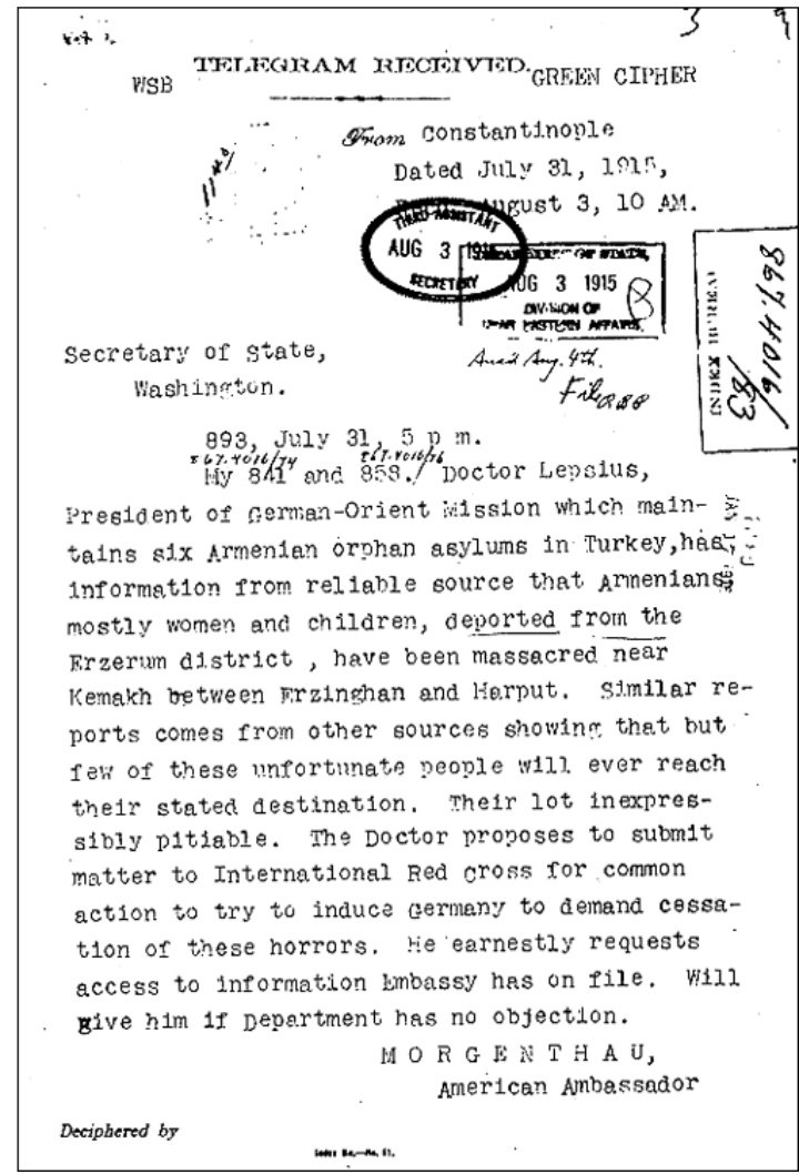 1: Allied forces warned to the Ottoman government to stop the massacres of Armenians, May 29, 1915.2: Report from a German missionary on the massacre of Armenians from Erzerum, July 31, 1915.(12/15)