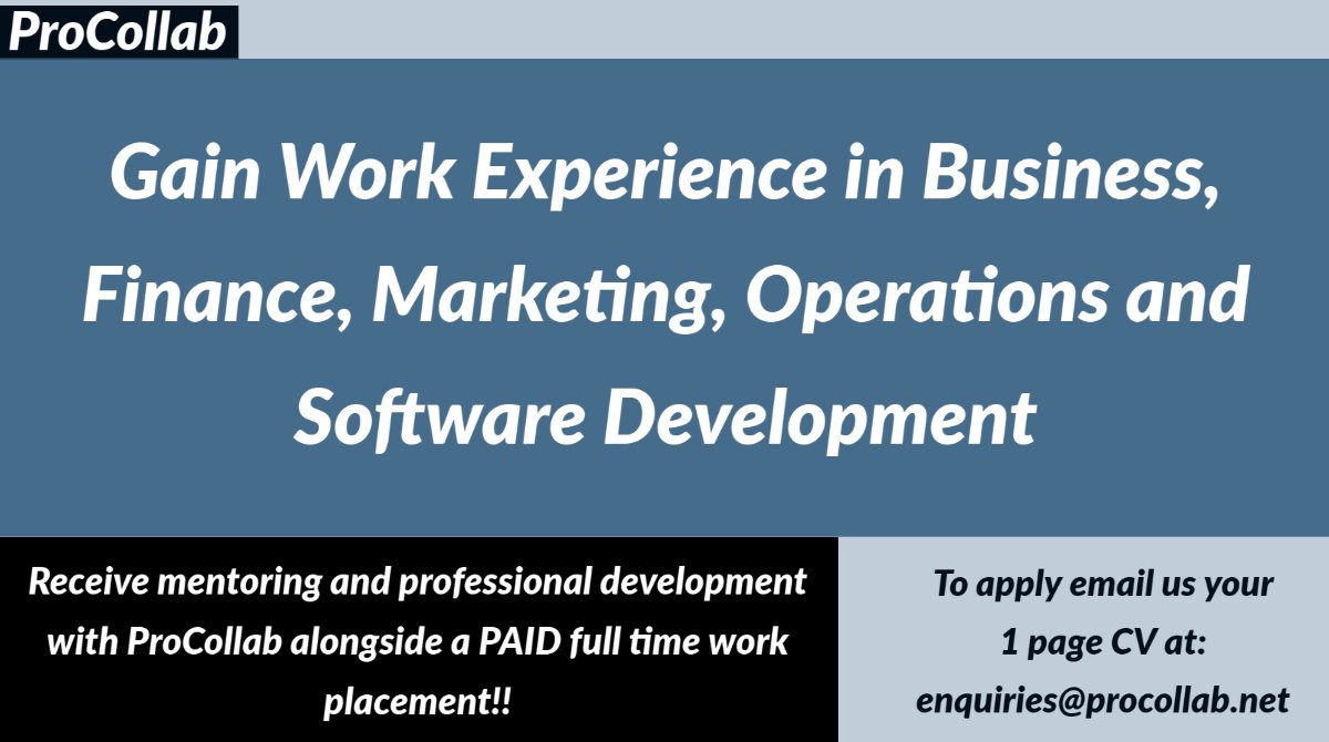 ProCollab_'s tweet image. We are looking for graduates interested in Business, Finance, Marketing, Operations and Software Development to get in touch for PAID full-time #internships!!! To apply email your 1 page CV to: enquiries@procollab.net
#graduatejobs #Career #ThursdayMotivation