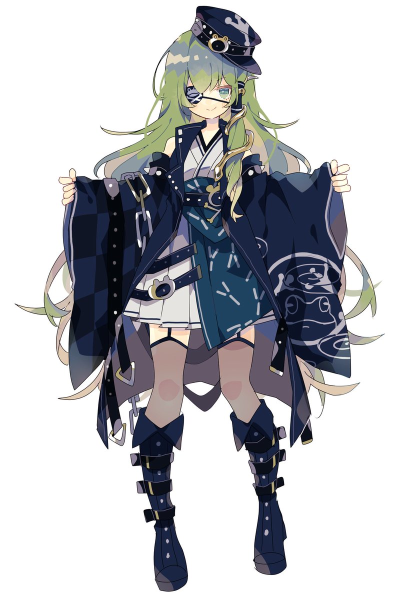 kochiya sanae 1girl solo long hair green hair boots eyepatch white background  illustration images