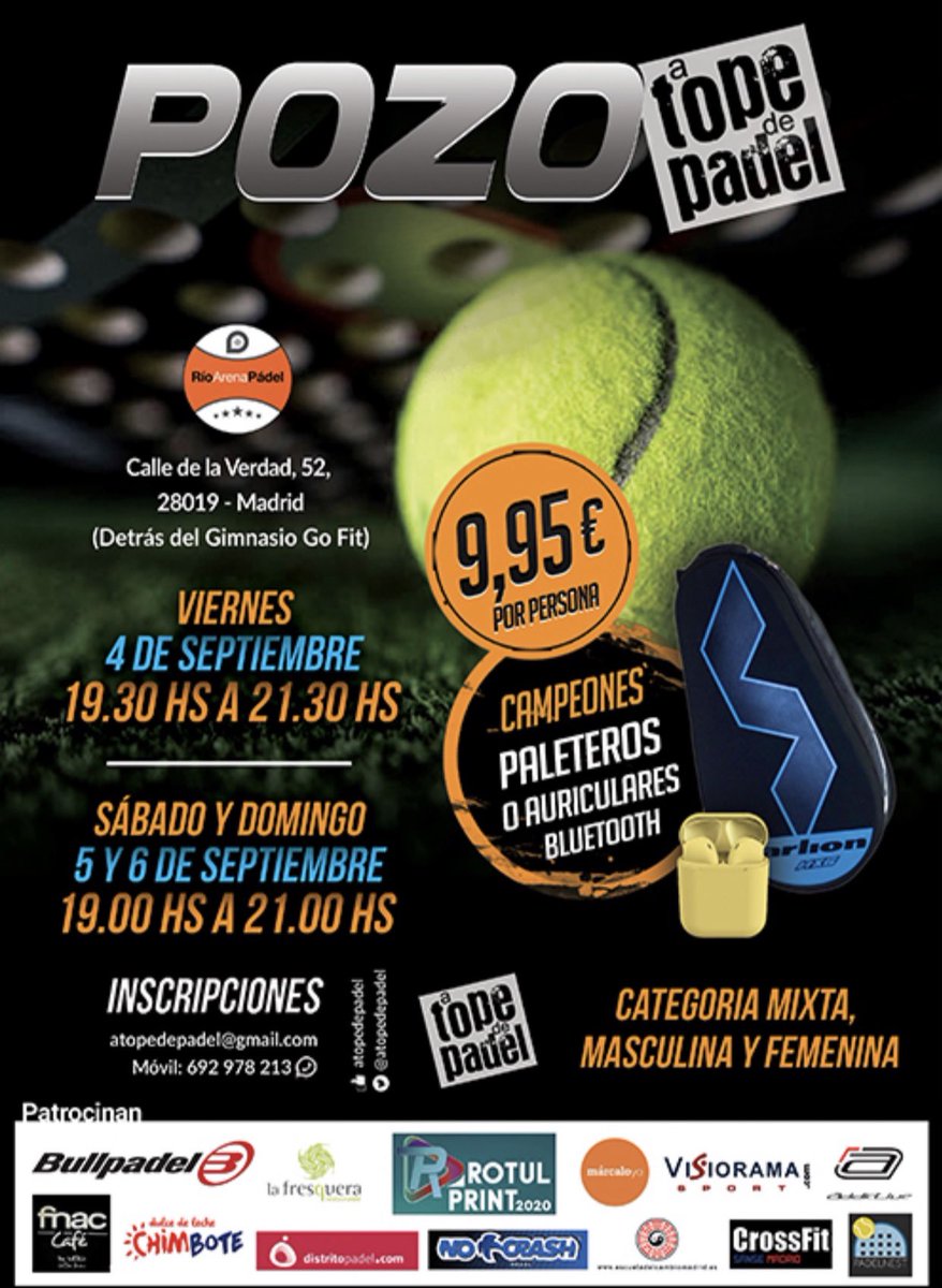 Aquí nuestros 3 pozos nocturnos realizados por <a href="/ATopeDePadel/">A Tope De Padel</a> &amp; <a href="/timpik_com/">Timpik</a> previstos para este finde en <a href="/RioArenaPadel/">RioArenaPadel</a> como siempre con sorteos, premios y regalos. ¿Te vienes? ¡Contamos contigo! 👉🎾 692978213 🎾👈 #pozo #quedada #padel #padelmadrid #planazo #deporte #pádel