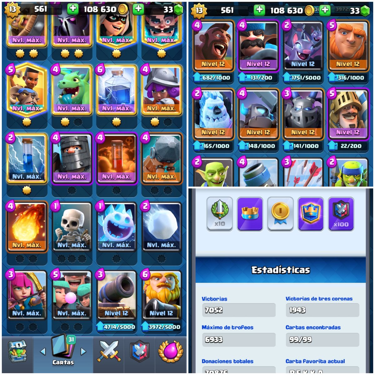 Hola, Esta es mi cuenta de CR.. intento cambiarla por otra que tenga solo las 2 siguientes características:
MAZO DE PEKKA ARIETE (MAX)(ARKERO MAGICO CON FANTASMA)
LVL 13 DE REY 
Si tienen una cuenta asi 👆🏻 Escriban al privado GRACIAS