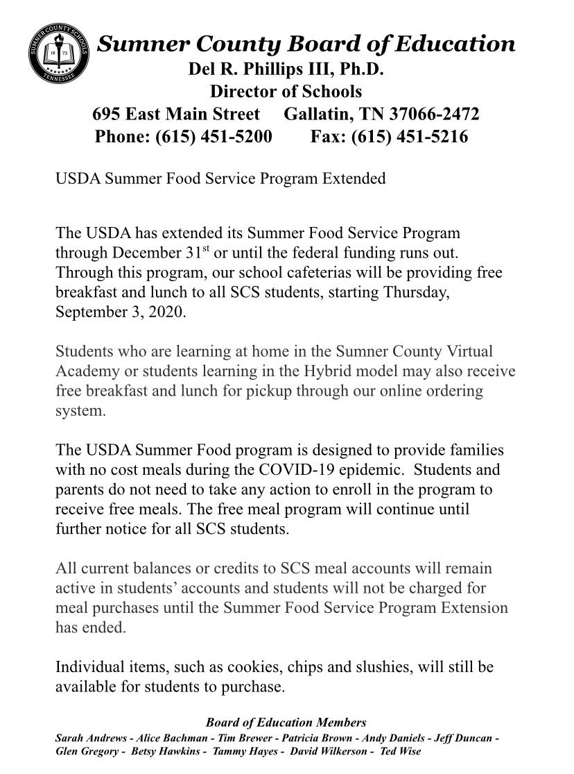 Lunch options for Sumner County students SVA or Hybrid.