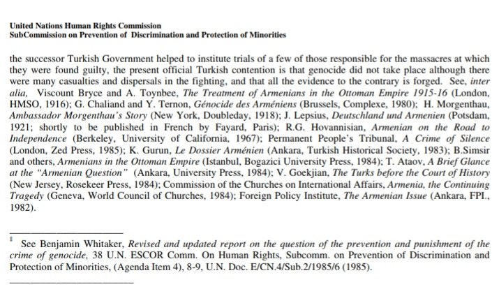 In 1985, UN published a WHITAKER REPORT ,on  #ArmenianGenocide .It was clearly mentioned that genocide was done by  #Turkey intensionally.(15/15)