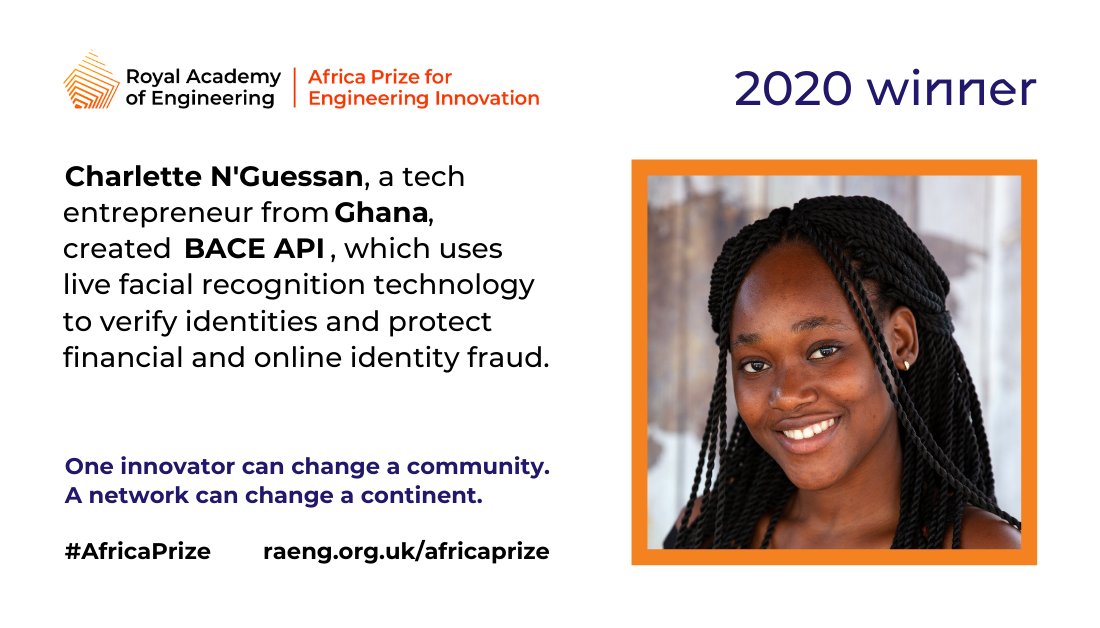 RAEngGlobal's tweet photo. The winner of the 2020 #AfricaPrize is... Charlette N'Guessan of @bacehq!

Her facial recognition technology for secure identity verification makes her the first woman, and the first innovator from #Ghana, to win the £25,000 prize. Congratulations!

https://t.co/gYwMj8NKrt https://t.co/q7wk7TPOC2
