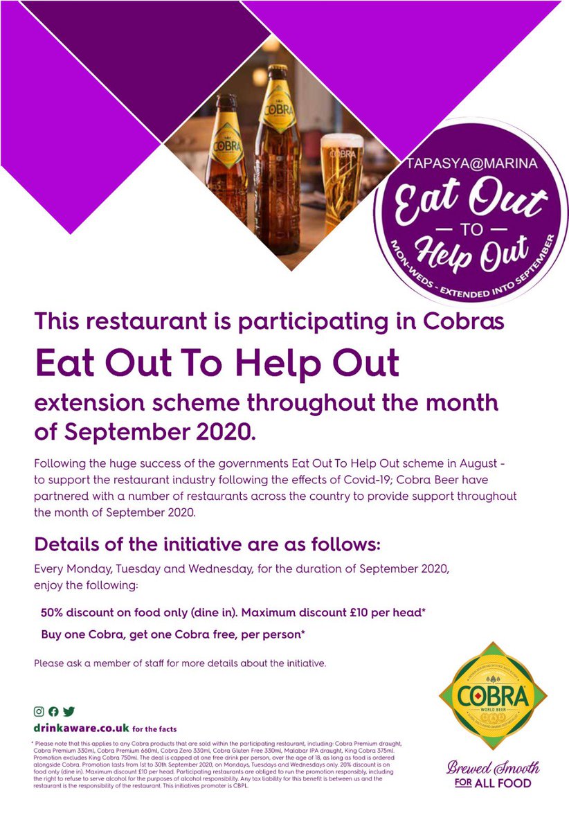Hull foodie news!

As heard on the <a href="/bbcburnsy/">David Burns</a> show, <a href="/MarinaTapasya/">Tapasya @ Marina</a> is offering an ‘Eat Out to Help Out-style’ offer throughout September as part of a new <a href="/cobrabeer/">Cobra Beer</a> promotion!

What’s not to like?