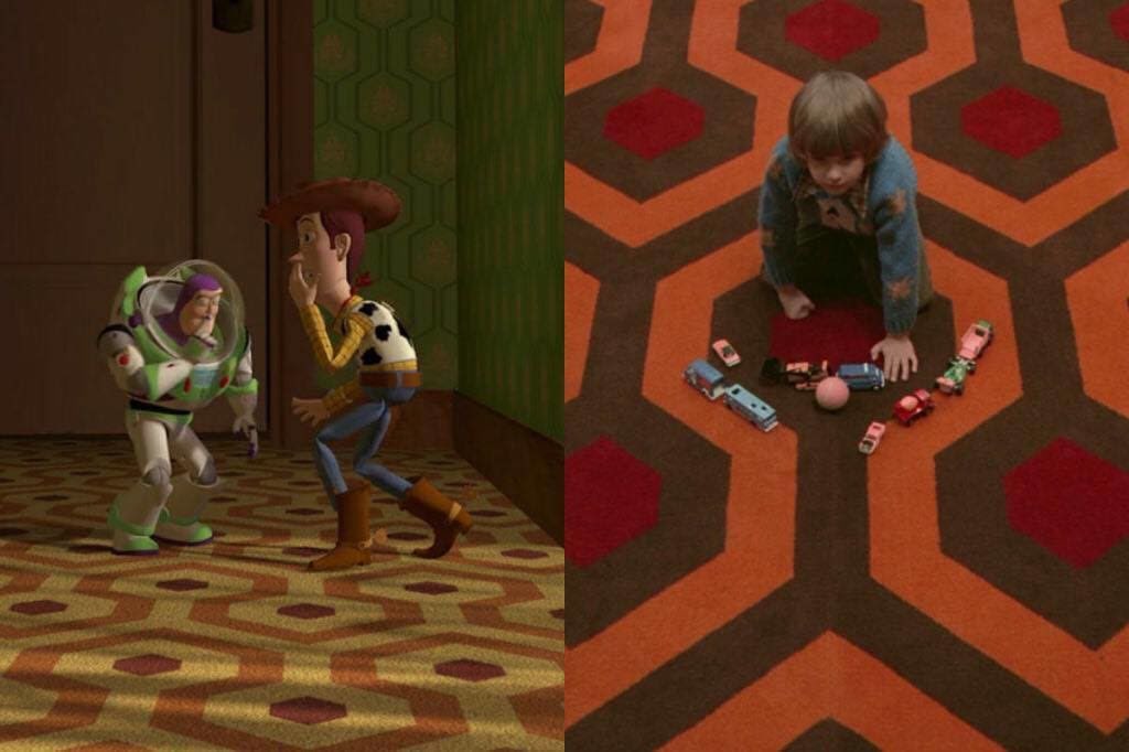 When Buzz & Woody go 2 the bully’s house the carpet is same as that in the Overlook hotel in The Shining. It is here that Buzz realizes he’s not a real space ranger, his MK is broken by opening a door (like Jack opening room 237 in Shining) & seeing a commercial for himself 7/