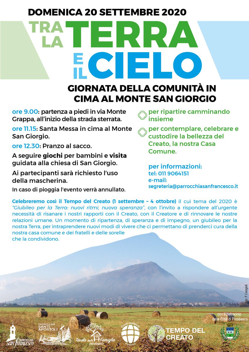 Il nostro Circolo, insieme alle parrocchie di Piossasco, celebra il #TempodelCreato con una giornata in cammino, immersi nella bellezza del Monte San Giorgio! Unisciti a noi! Domenica 20 settembre,
#TRAlaTERRAeilCIELO
@LaudatoSiGen
@CathClimateMvmt 
#LaudatoSi5
@SeasonCreation