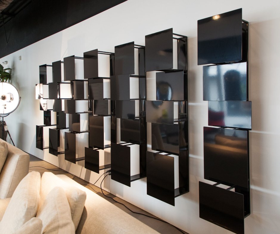 LUMINAIRE_'s tweet photo. Dynamic as well as avant-garde, the #bookcase features a series of #steelshelves with painted fronts that appear as drawers with different depths protruding from the face of the wall. Discover more of Luminaire’s From Our Home to Yours selection here: https://t.co/GrWLZCXxOI https://t.co/dfc73uVi0M