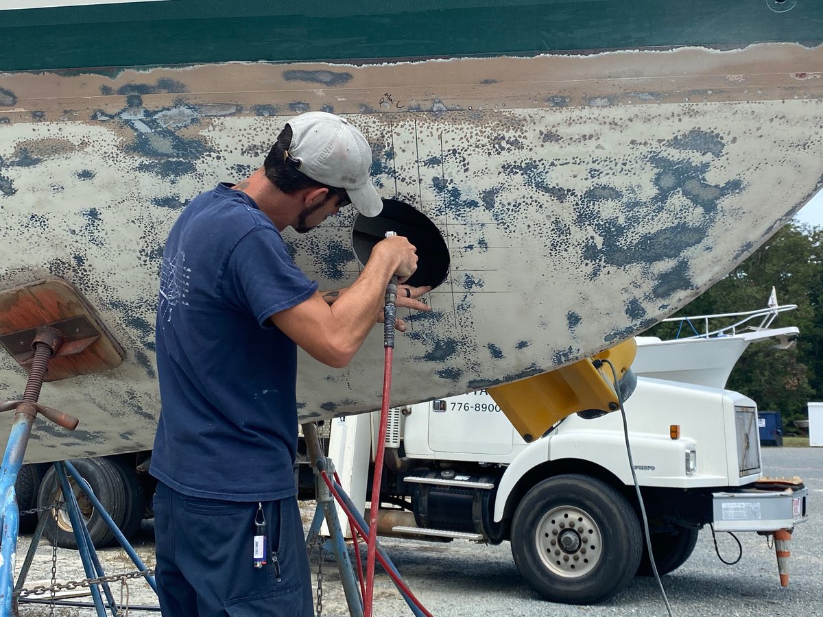 DBYard's tweet image. Installation of a bow thruster on this Tayana 42.