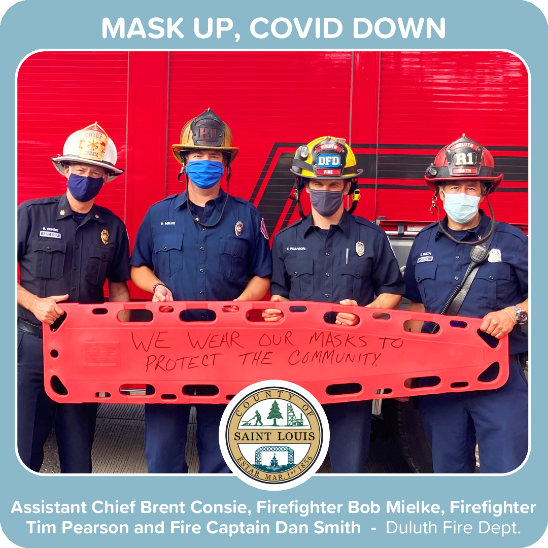 StLouisCountyMN's tweet photo. Take it from some folks who are used to wearing a lot of extra gear to help people - adding a mask is an easy way to protect the community. Thanks @DuluthFire for helping share this message! https://t.co/TkXYxbeZ9V
