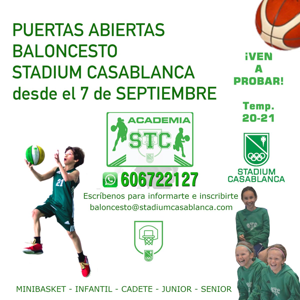 Vuelve la actividad¡ Con los protocolos adecuados y siguiendo las indicaciones sanitarias, vuelve el Baloncesto a las pistas de Stadium¡¡¡ Quieres venir a probar y conocernos??? Apúntate a las Puertas Abiertas de Septiembre¡ cutt.ly/Kfvh4eQ 💚🏀⛹️😀💪