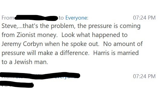 One of the oldest antisemitic tropes: Zionist/Jewish money controlling the world. This 'control' was the suggested reason that  @jeremycorbyn wasn't elected as PM. But in case we weren't sure if it were Jews or Zionists being referred to 'Harris is married to a Jewish man.' (2)