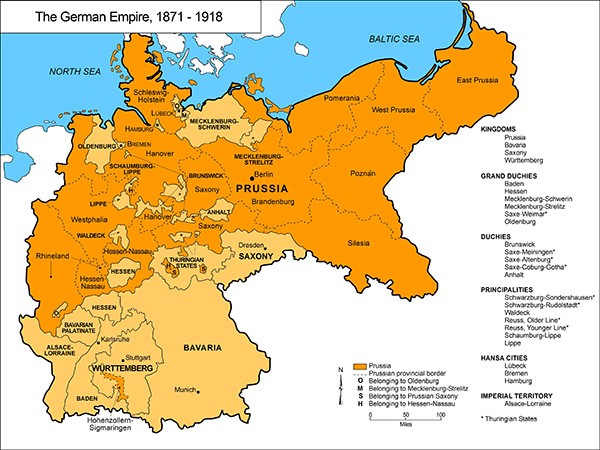 Primero, un vistazo a lo que era Alemania antes de Weimar:Cuando terminó el Sacro Imperio Romano, los alemanes se unieron a lo largo de los siglos XVIII y XIX bajo un liderazgo fuerte, monarcas leales y un buen gobierno.