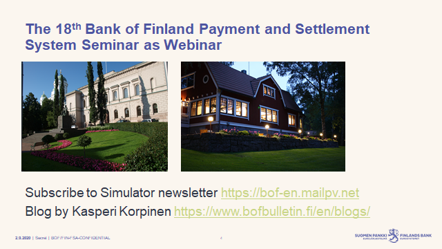 Kemppainen_Kari's tweet photo. The 18th Bank of Finland Simulator Seminar successfully completed in the form of a Webinar
#SimulatorSeminar #BoFSimulator #BoFPSS2 #BoFPSS3 #payments #settlementsystems #simulations @SuomenPankki https://t.co/W0PFGpJoSS