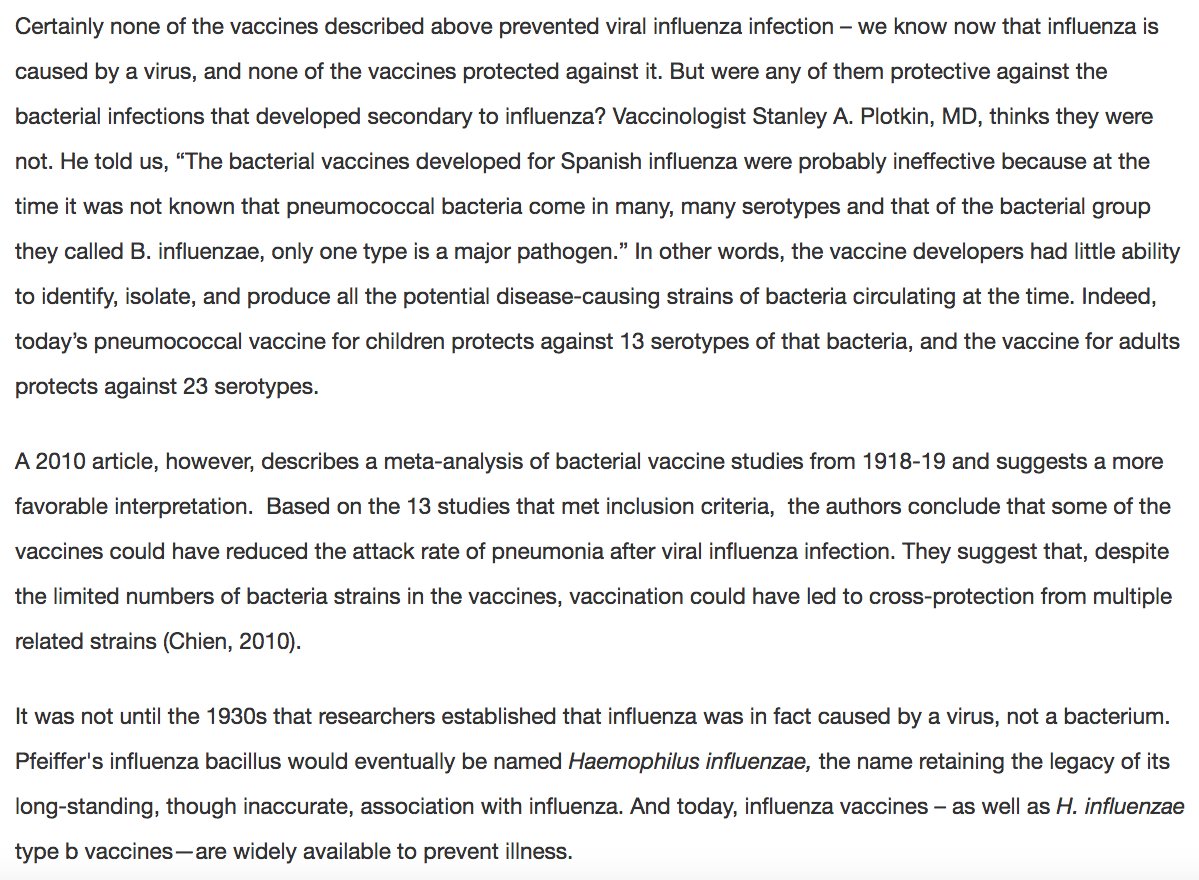 138) The article also quotes “renowned” vaccinologist Dr. Stanley A. Plotkin: “The bacterial vaccines developed for Spanish influenza were probably ineffective because at the time it was not known that pneumococcal bacteria come in many, many serotypes…”