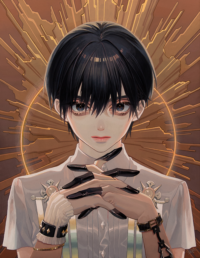 1boy male focus solo black hair looking at viewer gloves shirt  illustration images